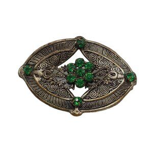 Vintage Czech 1920s Stamped Brass Green Glass Brooch With Art Deco Design
